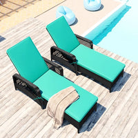 JINS&VICO Outdoor Patio Pool PE Rattan Chair, Wicker Sun Lounger with 6 Adjustable Angles Backrest, Set of 2 Lounge Chair with Armrest for Beach Garden Backyard, Black Wicker and Green Cushion