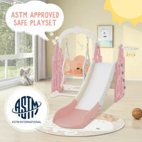 Toddler Slide and Swing Set, 4-in-1 Kids Slide with Height Adjustable Swing, Basketball Hoop and Climber Stairs, Toddler Playground Toddler Playset for Indoor Outdoor, Pink and White
