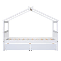 Twin Size House Bed Frame, Wood Platform Bed with 2 Drawers, Decorative Canopy Bed Top, Sturdy Frame Wood Legs Supprot, No Box Spring Needed, White