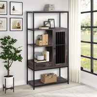 Industrial Style Bookshelf, Home Office Bookcase and 5 Tier Display Shelf, Storage Shelf with one Door and one Drawer, Freestanding Multi-Functional Decorative Storage Shelving, Vintage Brown
