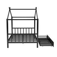 Full Size Metal House Platform Bed with Two Drawers, Low Platform Bed Frame with Headboard and Footboard, Roof Design House Bed for Kids, Teens and Adults, Sturdy Metal Slats Support, Black
