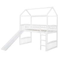 Twin Loft Bed with Slide and Ladder, Wood House Bed with Roof and Guardrails for for Kids Girls/Boys, White 77.4''L x 42.5''W x84.4''H