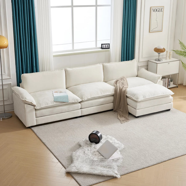 Chenille Fabric Modular Sofa with Footstool, L-Shape Couch with Armrests and Double Layer Seat Cushion, 3-Seat Convertible Sectional Sofa for Bedroom, Living Room, Apartment, White