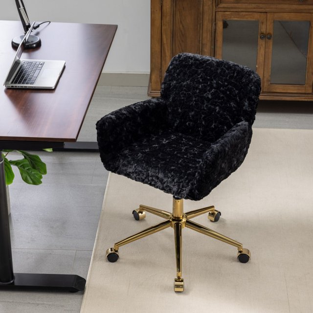 Swivel Office Chair,Upholstered Lounge Reading Chair with Golden Metal Base and Adjustable Height,Comfy Rolling Desk Chair for Living Room,Bedroom,Office,Restaurant,Black