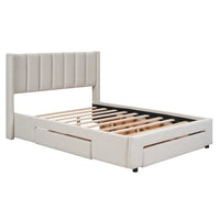Full Size Platform Bed with Storage, Upholstered Linen Platform Bed Frame with 3 Drawers, Solid Wood Platform Bed with Sturdy Slats Support, Noise Free/No Box Spring Needed/Easy Assembly, Beige