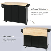 53.1" Kitchen Trolley Cart with 2 Doors & 3 Drawers & Adjustable Shelves, Kitchen Island Cart with Drop-leaf Tabletop and Locking Wheels, Rolling Kitchen Island with Spice Rack and Towel Rack, Black