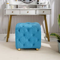 Modern Velvet Upholstered Ottoman, Button Tufted Round Ottoman Soft Foot Stool Padded Foot Rest with Metal Legs, Dressing Makeup Chair Comfortable Seat for Living Room, Bedroom, Entrance, Blue