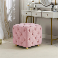 Modern Velvet Upholstered Ottoman, Classic Square Dressing Makeup Chair with Button Design, Comfortable Soft Foot Stool for Living Room Bedroom and Entrance, Pink