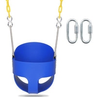 High Back Full Bucket Toddler Swing Seat with Finger Grip, Premium Plastic Coated Chains and Carabiners for Easy Install - Blue
