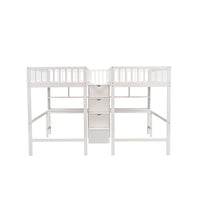 Twin & Twin Size Loft Bed with 2 Built-in Desks and Storage Shelves, Double Shared Two Twin Loft Bed with Storage Staircase, Solid Wood Loft Bed Frame with Safety Guardrail for Kids Teens, White