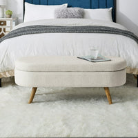 Oval Storage Ottoman Bench, 43.5" Linen Upholstered Storage Bench with Solid Wood Legs, Modern End of Bed Storage Bench Indoor Ottoman Bench with Storage for Living Room, Bedroom, Entryway, Beige