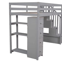Twin Size Loft Bed with Storage Staircase, Wooden Twin Loft Bed Frame with Drawers and Shelves, Modern High Loft Bed, Multifunctional Twin Loft Bed, No Box Spring Needed, Gray
