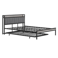 Queen Size Metal Platform Bed Frame with Twin size trundle, Upholstered headboard ，Sockets, USB Ports and Slat Support ,No Box Spring Needed，Black