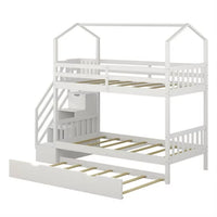 Twin over Twin Bunk Bed Frame with Pull Out Bed and Storage Stairs, White
