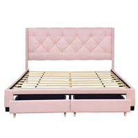 Queen Size Storage Bed, Linen Upholstered Platform Queen Bed Frame with Button Riveted Headboard and 2 Drawers, Queen Platform Bed No Box Spring Required, Pink
