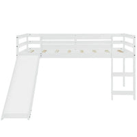 Solid Wood Twin Size Low Bunk Bed with Slide and Ladder, Mini Slide Loft Bed for Kids, Multifunctional Design, 78.2"L x 82.6"W x 44.4"H, White