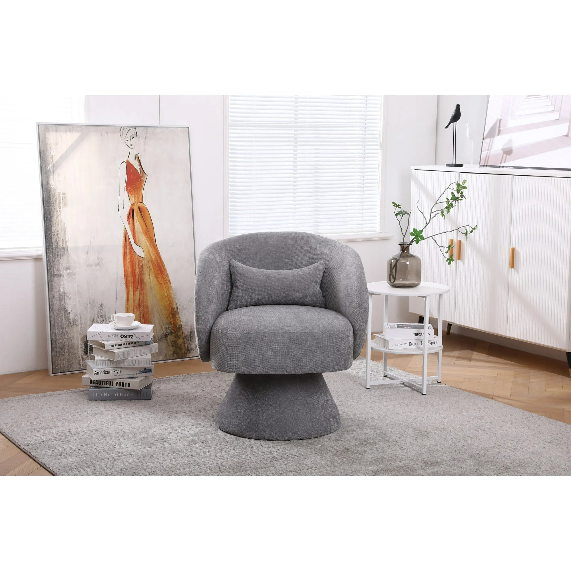Swivel Accent Chair Armchair, Round Barrel Chair Comfy Linen Fabric Accent Sofa Chair Club Chair Leisure Chair for Bedroom Living Room Lounge Hotel Office, Light Gray