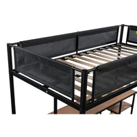 Twin Size Loft Bed with Table Desk and Shelves Underneath,Twin Bed Frame with Ladder and Guard Rails for Kids,Bedroom, Dorm,Black