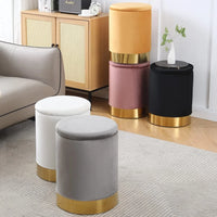 Round Storage Ottoman with Metal Base, Modern Barrel Storage Chair, Multipurpose Footrest Stool with Storage, Velvet Upholstered Vanity Stool Chair for Living Room & Bedroom, Dark Gray