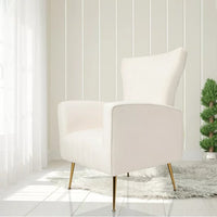 Modern Velvet Accent Chair, Wingback Arm Chair with Gold Metal Legs, Upholstered Single Sofa Chair with Tufted Back, Leisure Armchair Lounge Chair Reading Chair for Living Room Bedroom, White