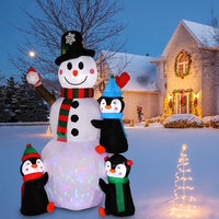 6Ft Lighted Christmas Inflatable Snowman with Three Cute Penguins, Building Color LED Lights Outdoor Indoor Holiday Decorations Blow up Yard Inflatables Home Decor