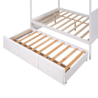 Queen Size Platform Bed, Wood Canopy Platform Bed with Trundle and Storage Drawers, Wood 4-Poster Bed with Headboard for Adults Kids Teens, Space Saving Bed Frame, Bed Frame Bedroom Furniture, White