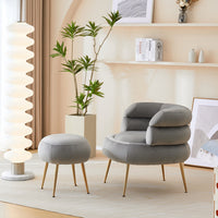 Accent Chair with Round Ottoman, Upholstered Velvet Indoor Armchair with Metal Frame, Single Tufted Leisure Chairs with Footrest Stool for Living Room Bedroom Office
