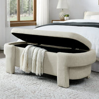 Storage Bench, 51.5-inch Chenille Upholstered Storage Ottoman Bench, End of Bed Storage Bench with Safety Hinge, Large Storage Ottoman Bench for Bedroom, Living Room, Foot of Bed, Beige