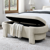 Storage Bench, 51.5-inch Chenille Upholstered Storage Ottoman Bench, End of Bed Storage Bench with Safety Hinge, Large Storage Ottoman Bench for Bedroom, Living Room, Foot of Bed, Beige
