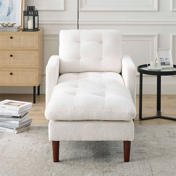 Accent Chair with Ottoman, Modern Fabric Single Sofa Chair with Wood Legs, Upholstered Armchair with Footrest, Living Room Leisure Chair Ottoman Set, Tufted Chair for Reading or Lounging, White