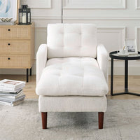 Accent Chair with Ottoman, Modern Fabric Single Sofa Chair with Wood Legs, Upholstered Armchair with Footrest, Living Room Leisure Chair Ottoman Set, Tufted Chair for Reading or Lounging, White