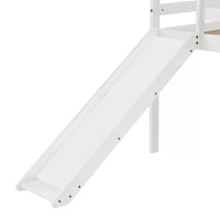 Solid Wood Twin Size Low Bunk Bed with Slide and Ladder, Mini Slide Loft Bed for Kids, Multifunctional Design, 78.2"L x 82.6"W x 44.4"H, White
