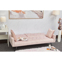 Convertible Sofa Bed, Velvet Loveseat Couch with Pillow and 2 Folding Cup Holders, Upholstered Accent Sofa with Adjustable Back and Nailhead Trim for Living Room Bedroom Office, Pink