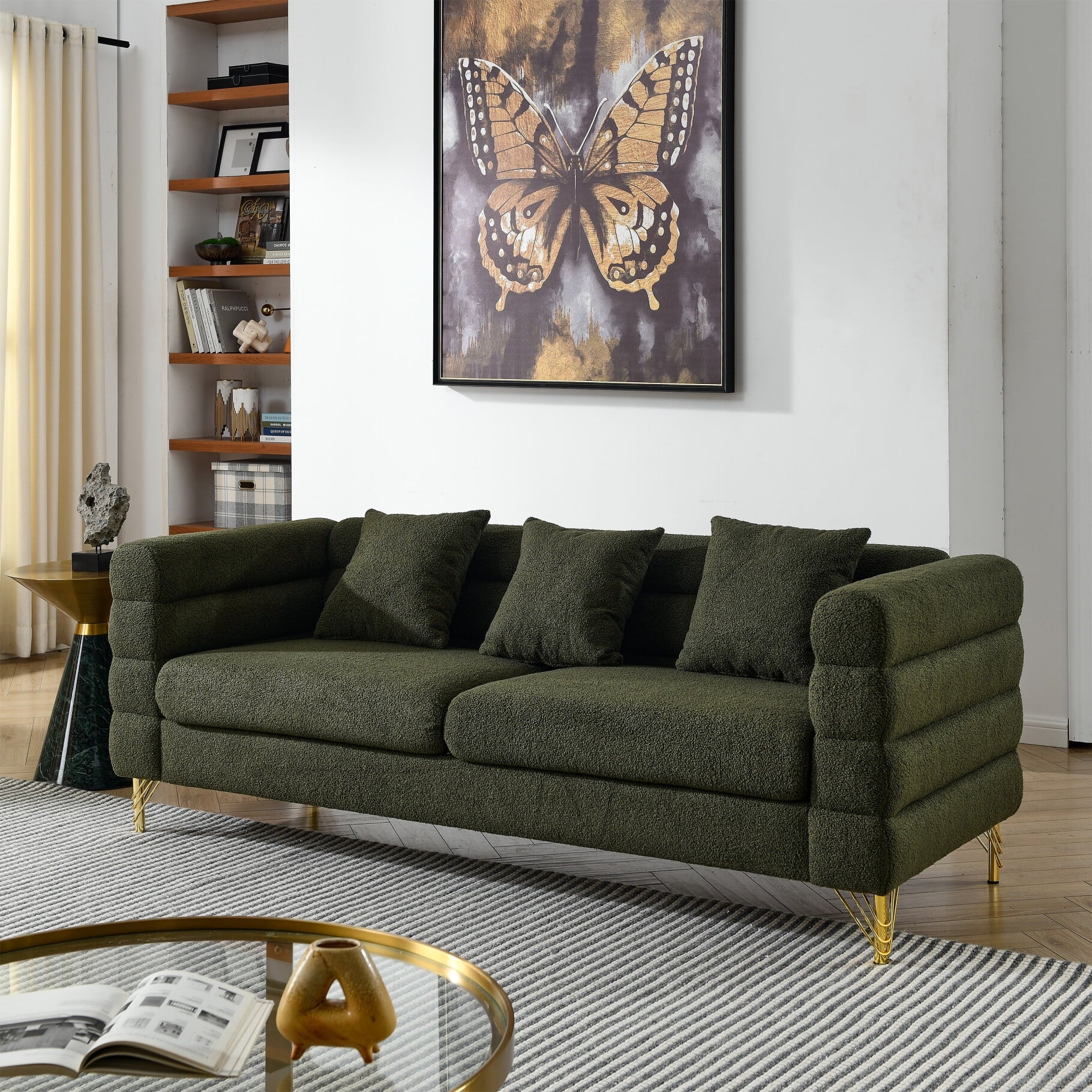 81 Inch Oversized 3-Seater Sectional Sofa, Modern Upholstered Deep Seating Sofa with 3 Throw Pillows and Golden Metal Legs, Comfort Fabric Sectional Sofa for Living Room Bedroom, Green
