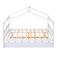 Full Size House Bed with Twin Size Trundle, Wooden Platform Bed Frame with 10 Sturdy Slats Support Playhouse Montessori Bed Frame Floor Bed for Kids Toddlers Teens, No Box Spring Needed, White