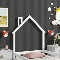 Twin Size Floor Bed Wooden Montessori Floor Bed with House-Shaped Headboard and Fence Guardrails Twin Bed Frame for Girls and Boys, No Weight Limit, White