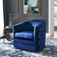 Swivel Barrel Chair, 31.5inch Velvet Accent Chair with Nail Head Trims and Button Decor, Modern Upholstered Club Chair with Solid Metal Base with Arm for Living Room Bedroom, Navy