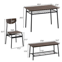 Dinning Table Set for 6, Rectangular Kitchen Table and Chairs Set, Bench, Industrial Steel Frame & Storage Rack, Dining Room, Dinette, Breakfast Nook Small Space (Deep Elm)