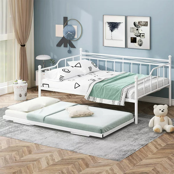Full Size Daybed with Twin Size Adjustable Trundle, Metal Steel Bedframe with 4 Wheels and Portable Folding for Bedroom Guestroom, No Box Spring Required, Line Pattern, White