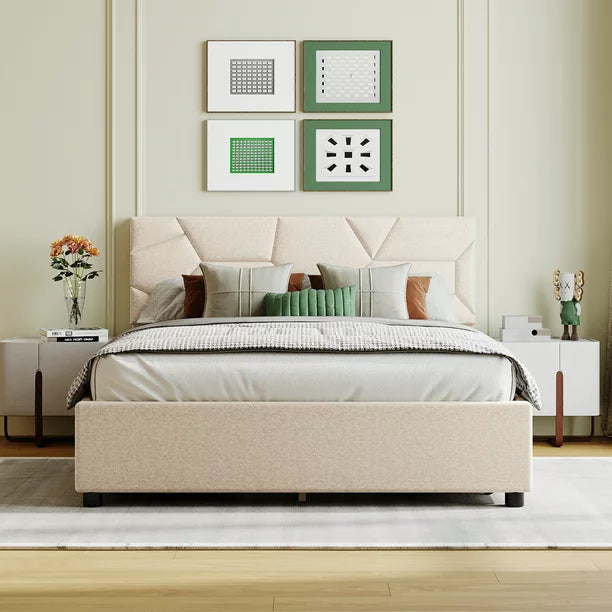 Upholstered Platform Bed with 4 Storage Drawers, Full Size Storage Platform Bed Frame with Brick Pattern Heardboard and Wood Slats Support for Bedroom Dorm Apartment, No Box Spring Needed, Beige