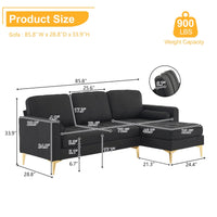 85" Burlap Fabric Sectional Sofa Couch with Reversible Chaise, L-Shape Couch with Bolster Pillows and Metal Legs, 3 Seats Futon Couch Sofa for Living Room Apartment Small Space, Black