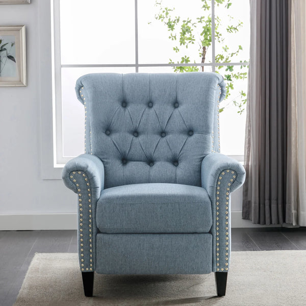 Mid-Century Modern Recliner Chair Single Sofa Home Theater Seatting Linen Tufted Adjustable Single Reclining Armchair with Nailheads Roll Arm for Living Room, Bedroom, Reading Room, Office, Blue