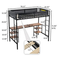 Twin Size Loft Bed with Table Desk and Shelves Underneath,Twin Bed Frame with Ladder and Guard Rails for Kids,Bedroom, Dorm,Black