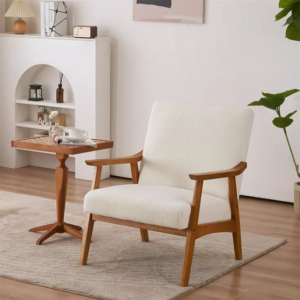 Teddy Fleece Living Room Chair, Modern Accent Chair with Solid Wood Armrest and Padded Seat, Upholstered Armchair for Bedroom Living Room Dorm, Creamy-White