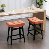 25" Counter Height Barstools Set of 2, Upholstered Bar Stools with Solid Wood Legs & Footrest, Backless Saddle Stool, Comfy Dining Chairs Island Chairs, for Kitchen, Pub, Dining Room, Orange