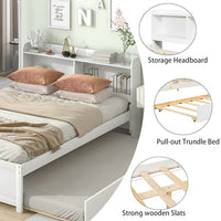 Twin Bed with Trundle, Twin Size Platform Bed with Bookcase Headboard and Pull Out Trundle Bed for Kids Teens Adults, Wooden Twin Bed Frame with Storage Shelves, Bed Frame for Living Room, White