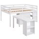 Full Size Loft Bed with Pull-out Desk, Wood Low Loft Bed with 3 Storage Drawers and 2-Tier Shelves, Storage Bed Frame with Ladder and Full-length Guardrails for Kids Teens Bedroom, White