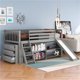 Twin Size Low Loft Bed with Storage Drawers and Shelves, Wood Loft Bed Frame with Guardrail , Gray
