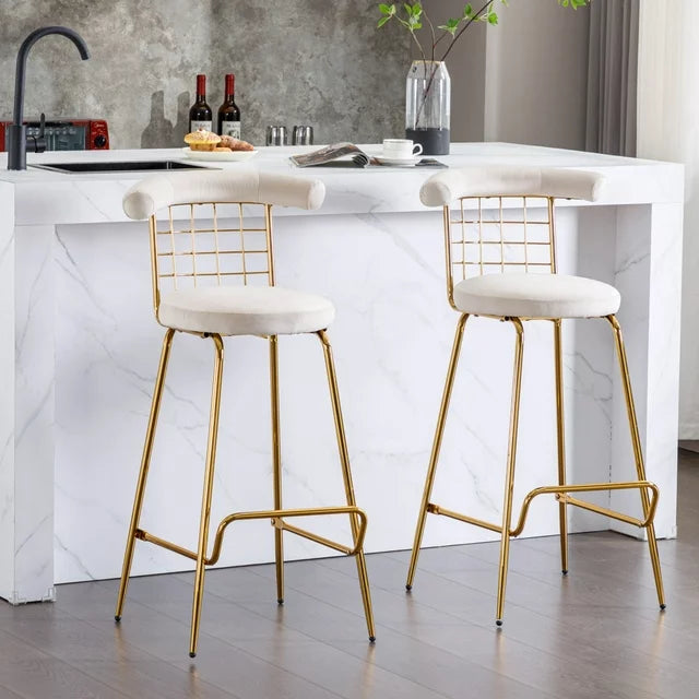 Bar Stools Set of 2, Woven Back Counter Height Bar Stools, Upholstered Velvet counter stools with Soft Back&Footrest, Modern Pub Stool Bar Chairs Armless Kitchen Bar Stools with Metal Legs, Beige