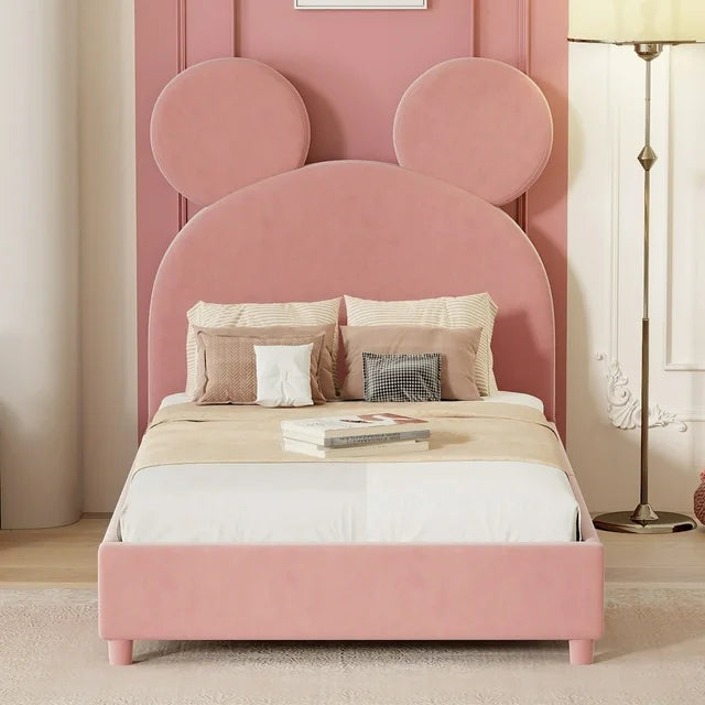 Twin Size Upholstered Toddler Bed with Bear Ear Shaped Headboard, Velvet Fabric Low Platform Bed with Wood Slat Support, Twin Size Bed for Kids, Girls, Boys, Pink